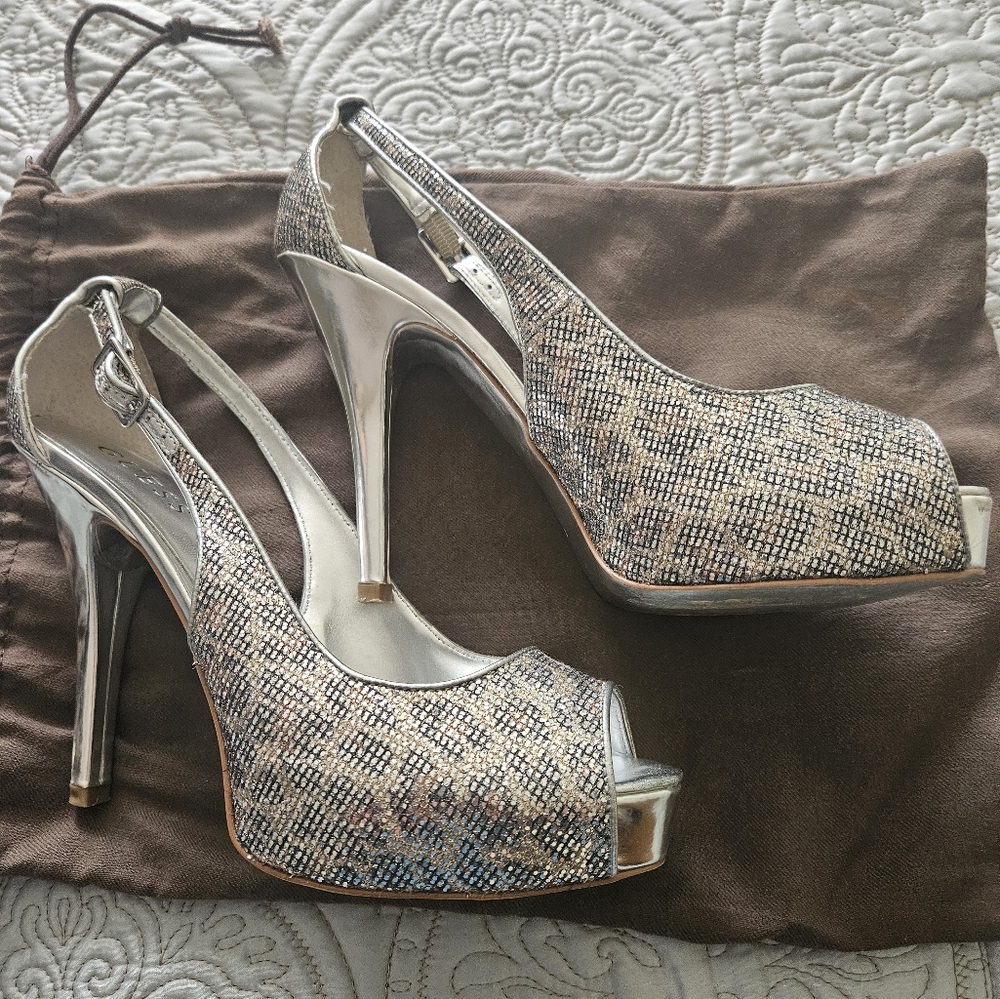 Guess Silver Stiletto Heels with Open-Toe Design With Dust Bag